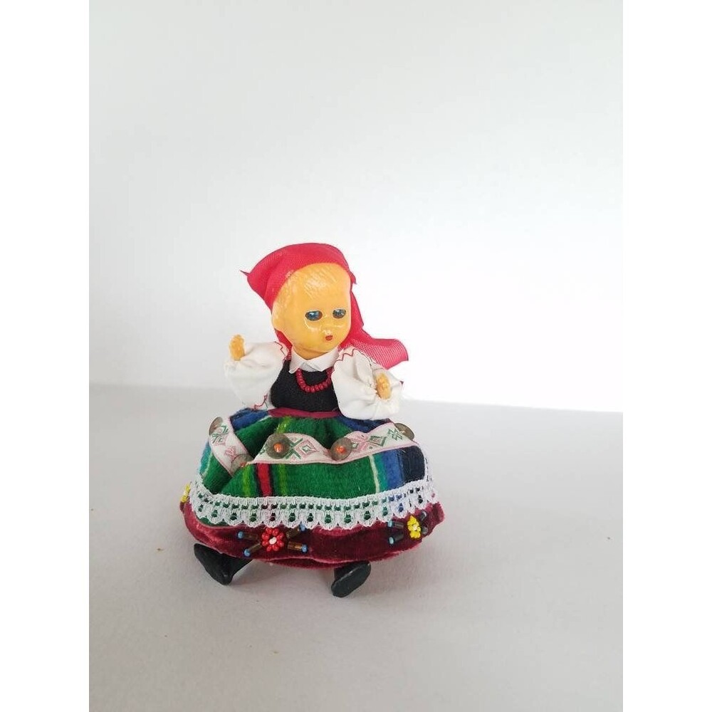 Vintage Small Plastic Doll, Movable Eyes, Gypsy Folk Costume
